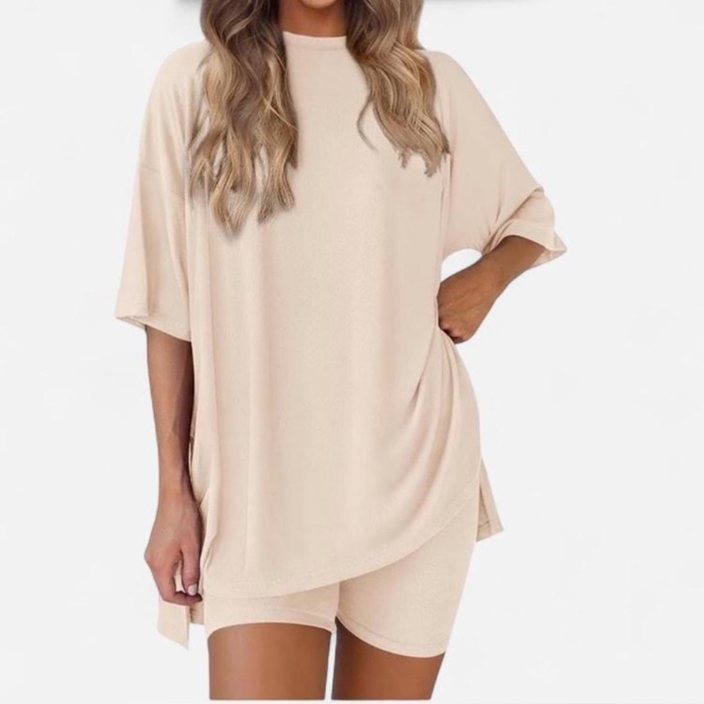 Cotton Beige Lounge Set Oversized Tee Biker Short Set